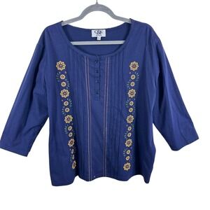 C&K Designs Vintage Womens Blue Floral Embroidered 3/4 Sleeve Button Neck Top XL